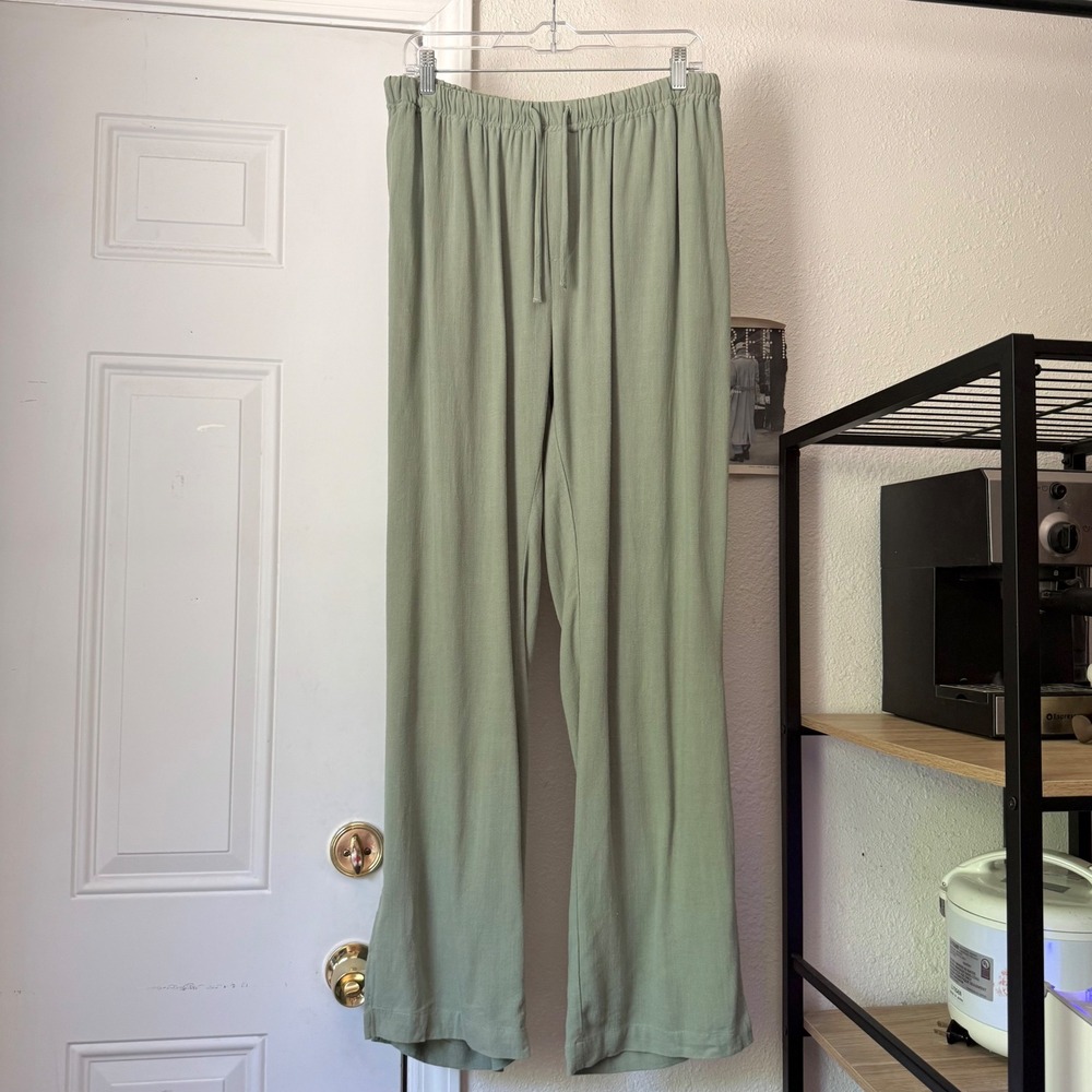 BAE. Australia sage green flax rayon gauze straight wide leg pull on pants